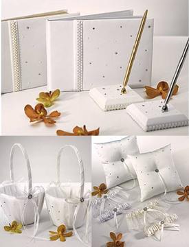 Scattered Pearls &amp; Rhinestones Bridal Collection: Ring Pillow, Garter, Flowergirl Basket, Guest Book, Pen Set