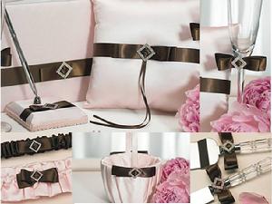 Pink and Brown Bridal Collection: Guest Book, Ring Pillow, Signing Pen, Garter, Flower Girl Basket, Cake Knife Set